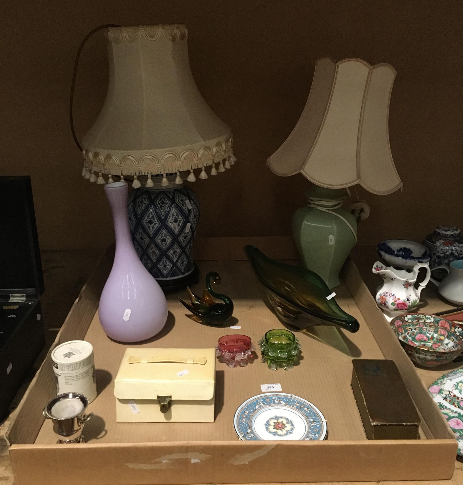 Contents to tray - ceramic vase table lamps, coloured glassware, vase, jewellery box,