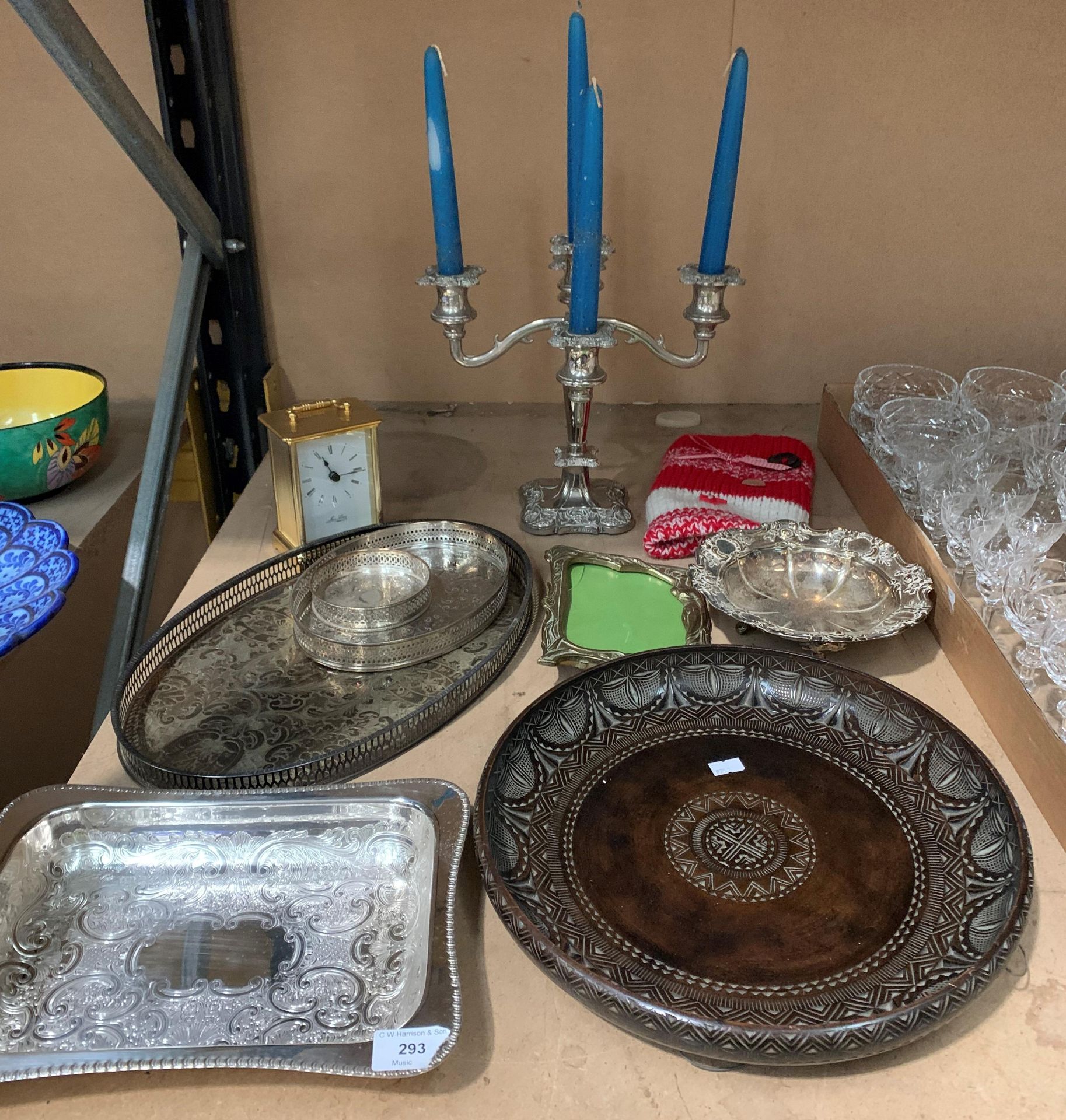 Metalware, African style fruit bowl, brass mantel clock, candelabra, photo frame,
