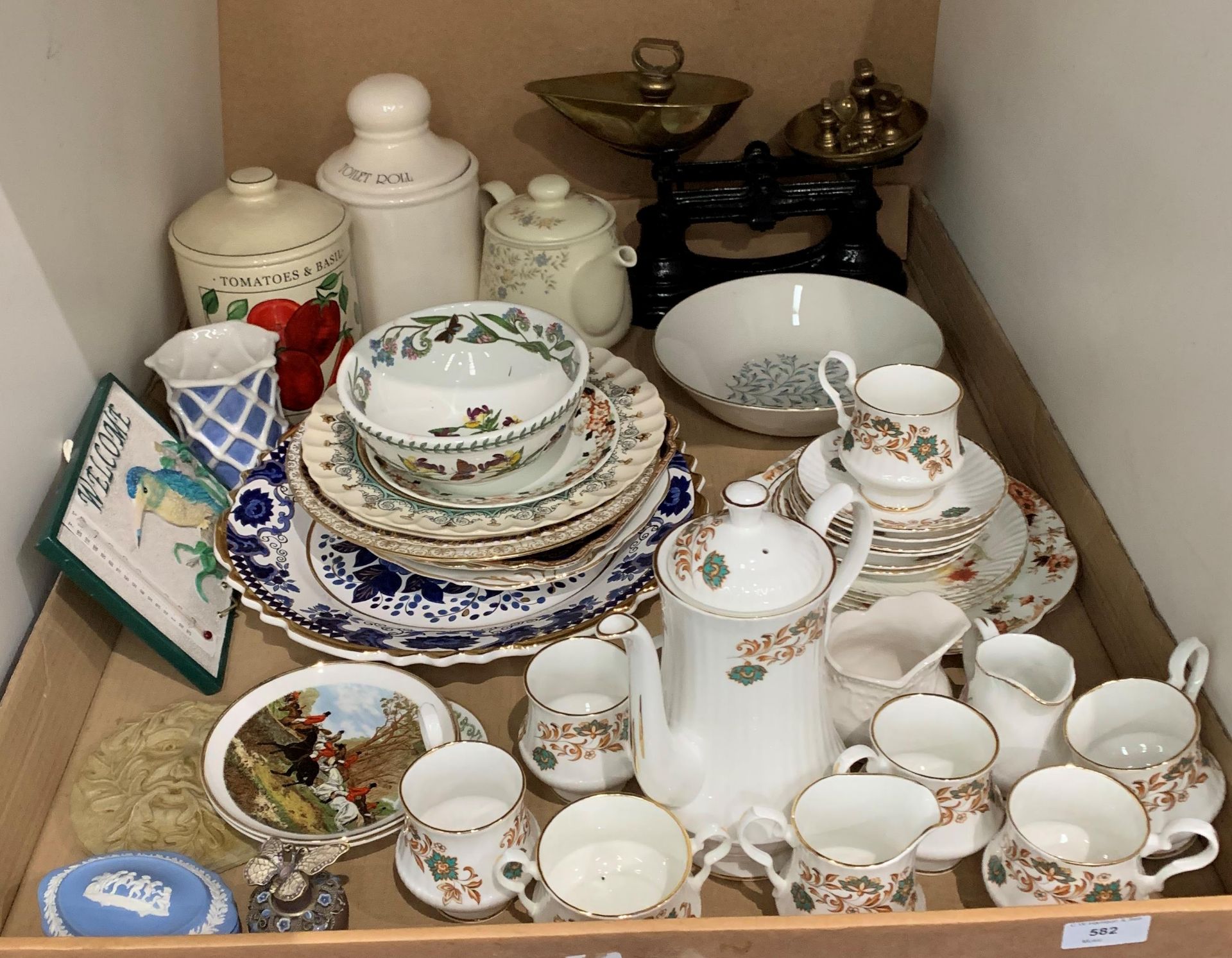 Contents to tray brass and black metal scales and weights 15 piece Berkshire bone china coffee