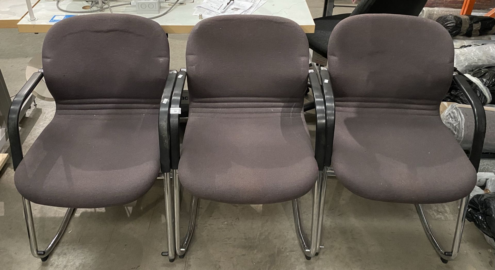 3 x cloth upholstered chromed framed office armchairs