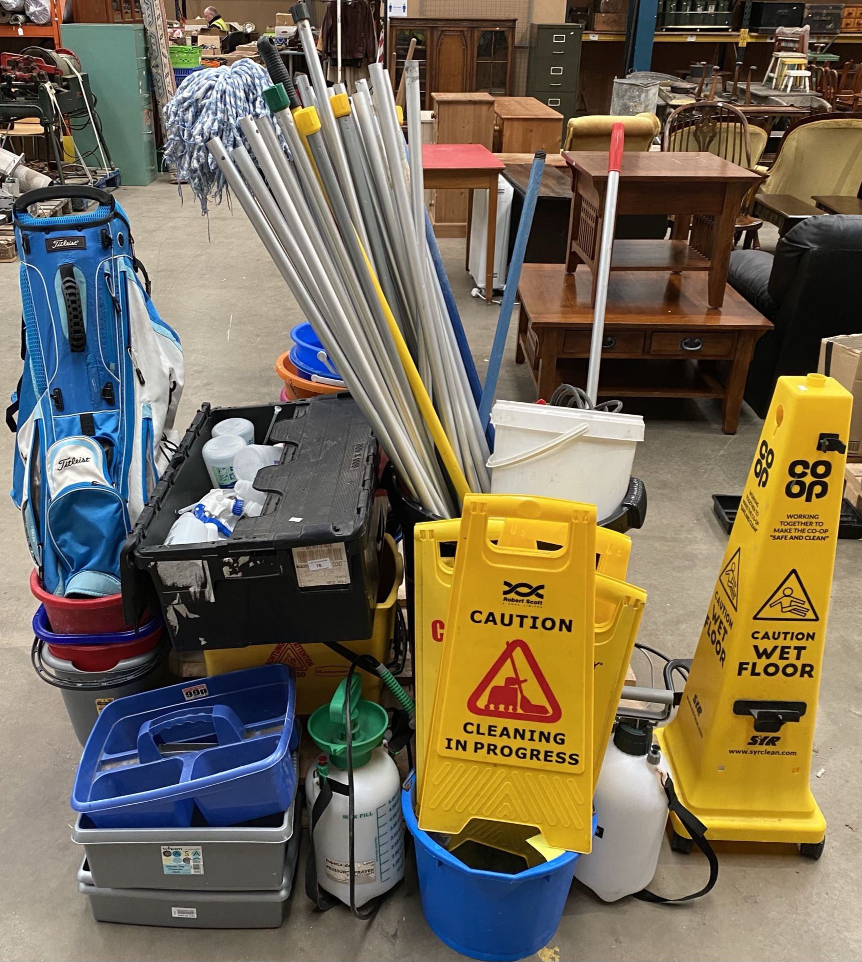 Pallet and contents - mop buckets, mop handles, golf bag, wet floor signs,