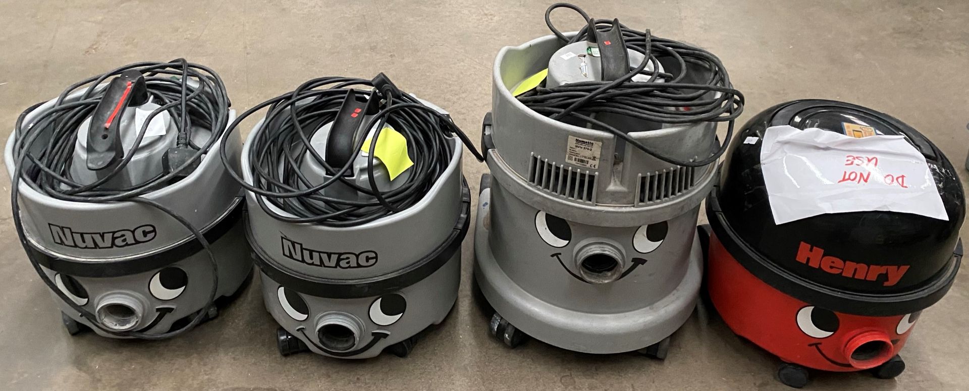 4 x assorted Nuvac commercials vacuum cleaners (3 x grey, 1 x red - marked DO NOT USE,