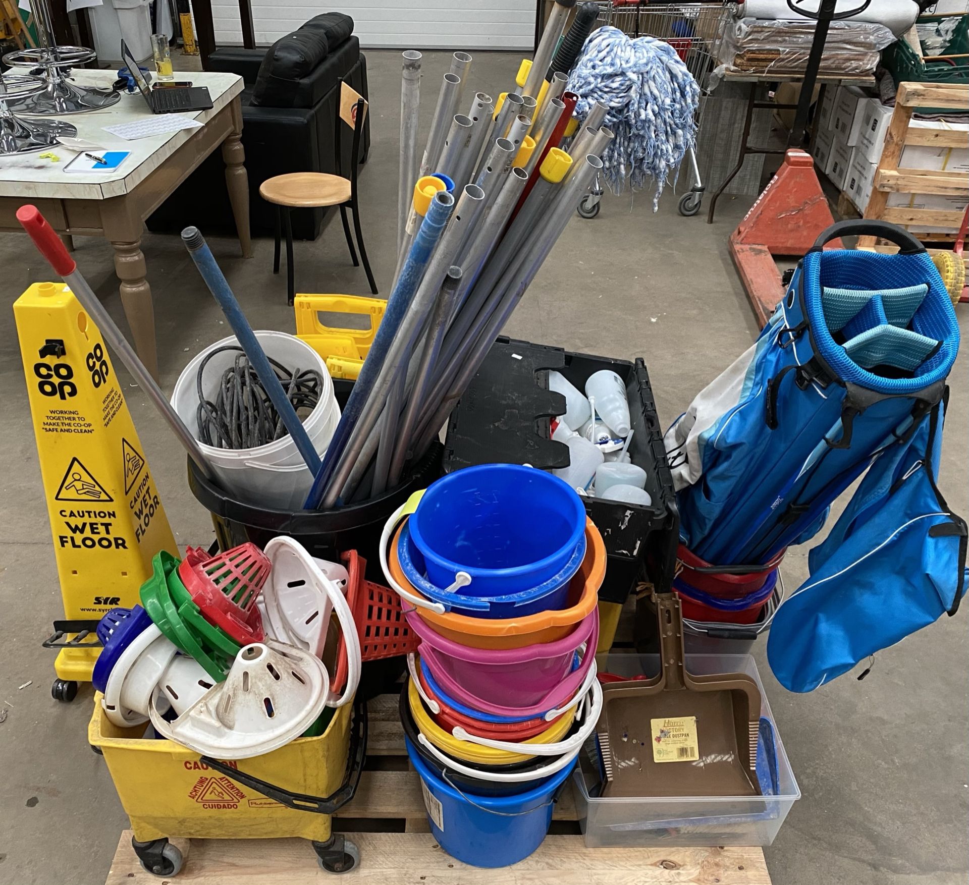 Pallet and contents - mop buckets, mop handles, golf bag, wet floor signs, - Image 2 of 2