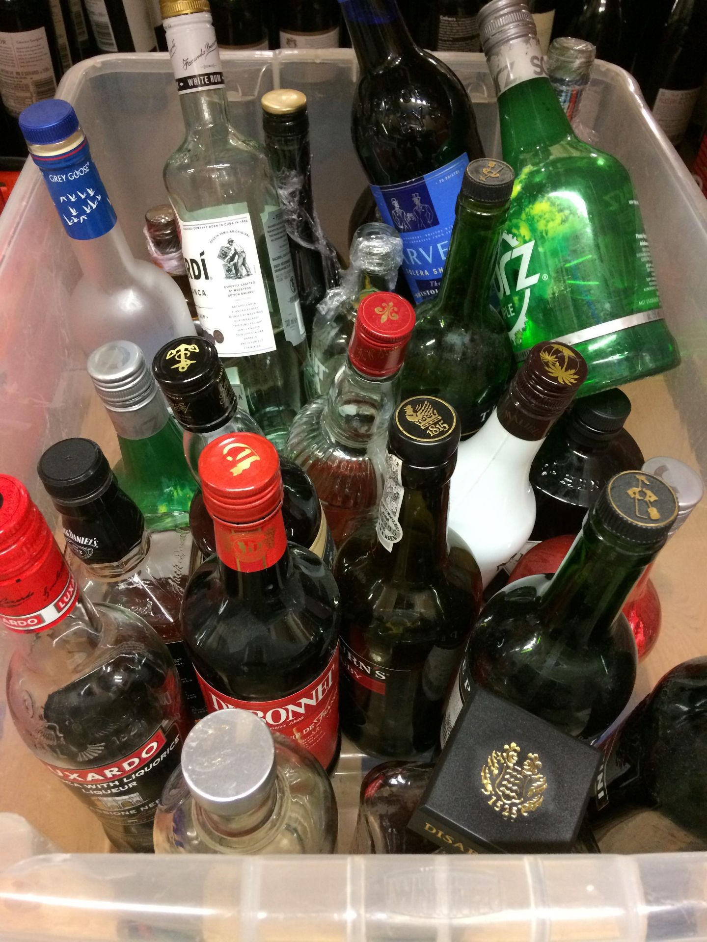 25 x assorted part bottles including Sourz, vodka, rum, port,