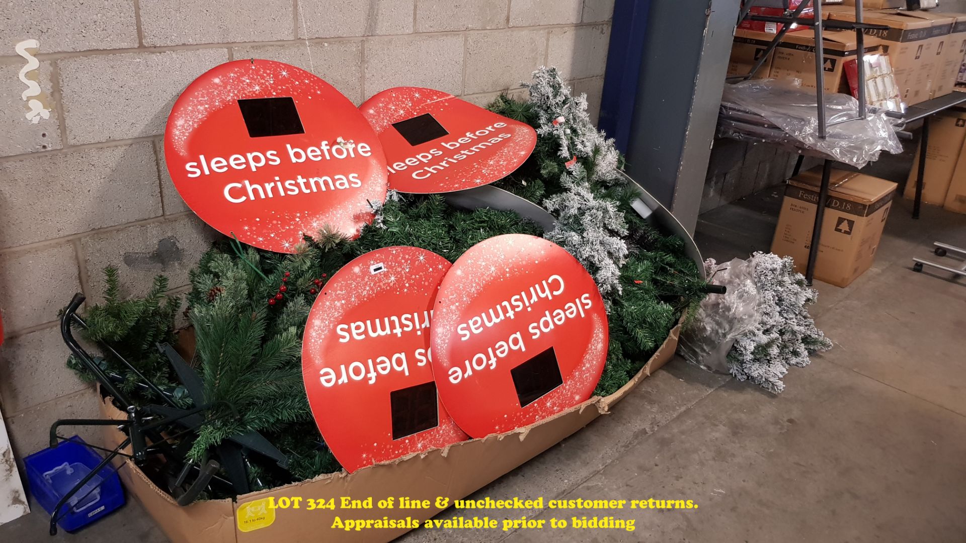 CONTENTS OF VERY LARGE BOX ASSTD CHRISTMAS TREES AND FOUR ELECTRONIC SLEEPS BEFORE CHRISTMAS SIGNS