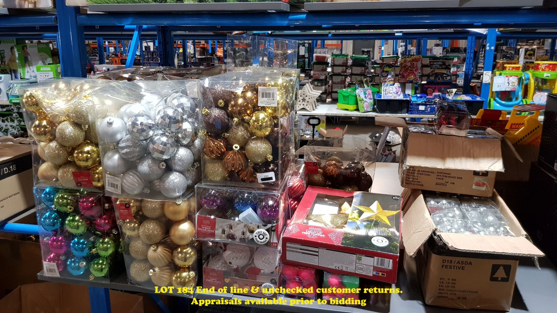 LARGE QTY OF BOXED CHRISTMAS DECORATIONS TO INC MIXED BAUBLES, MULTI COLOUR LIGHTS,