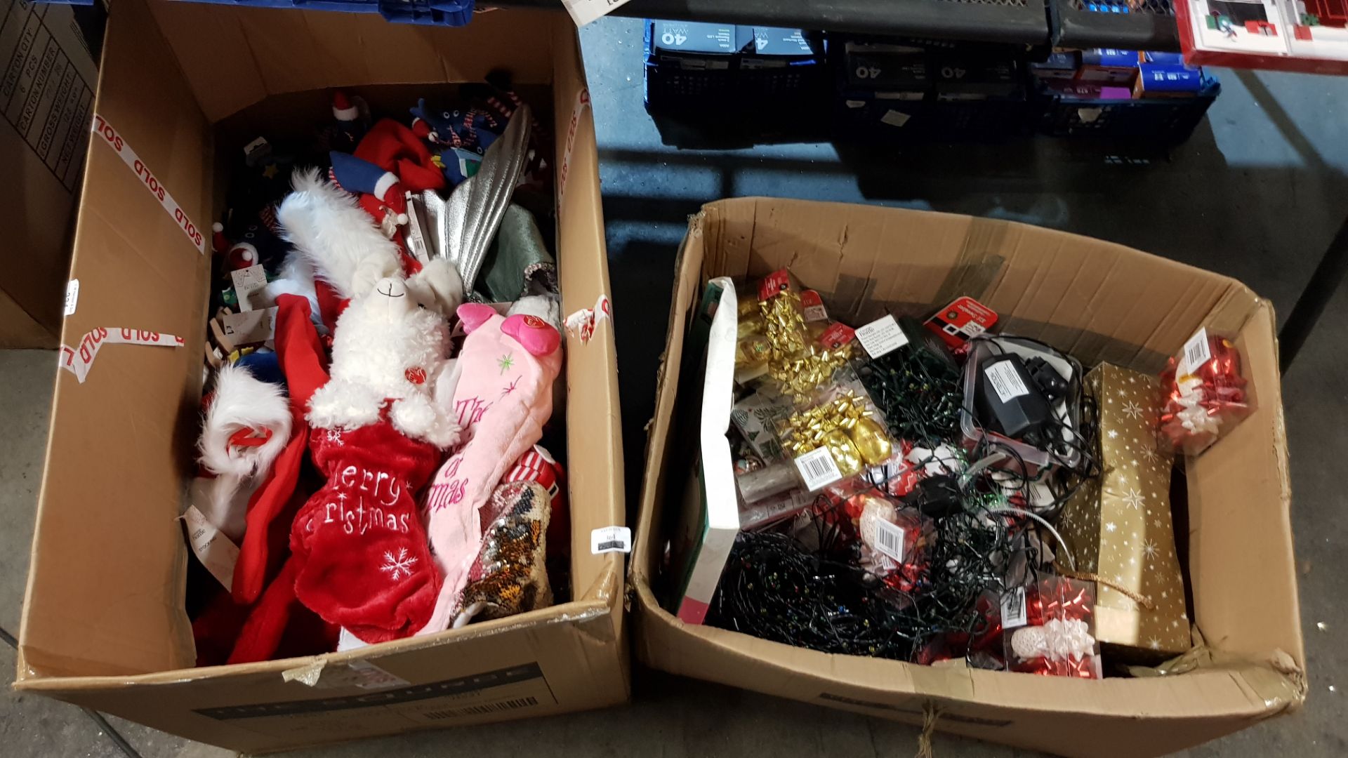 CONTENTS OF LARGE BOXES TO INC ELF, CHRISTMAS STOCKINGS, RIBBON PACKS,