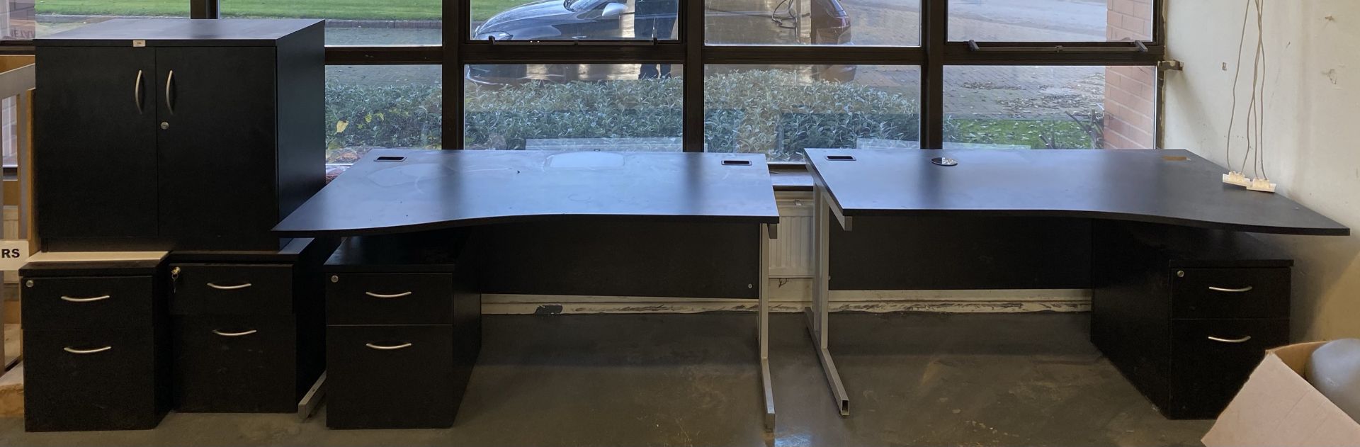 3 x wave front black laminate desks with