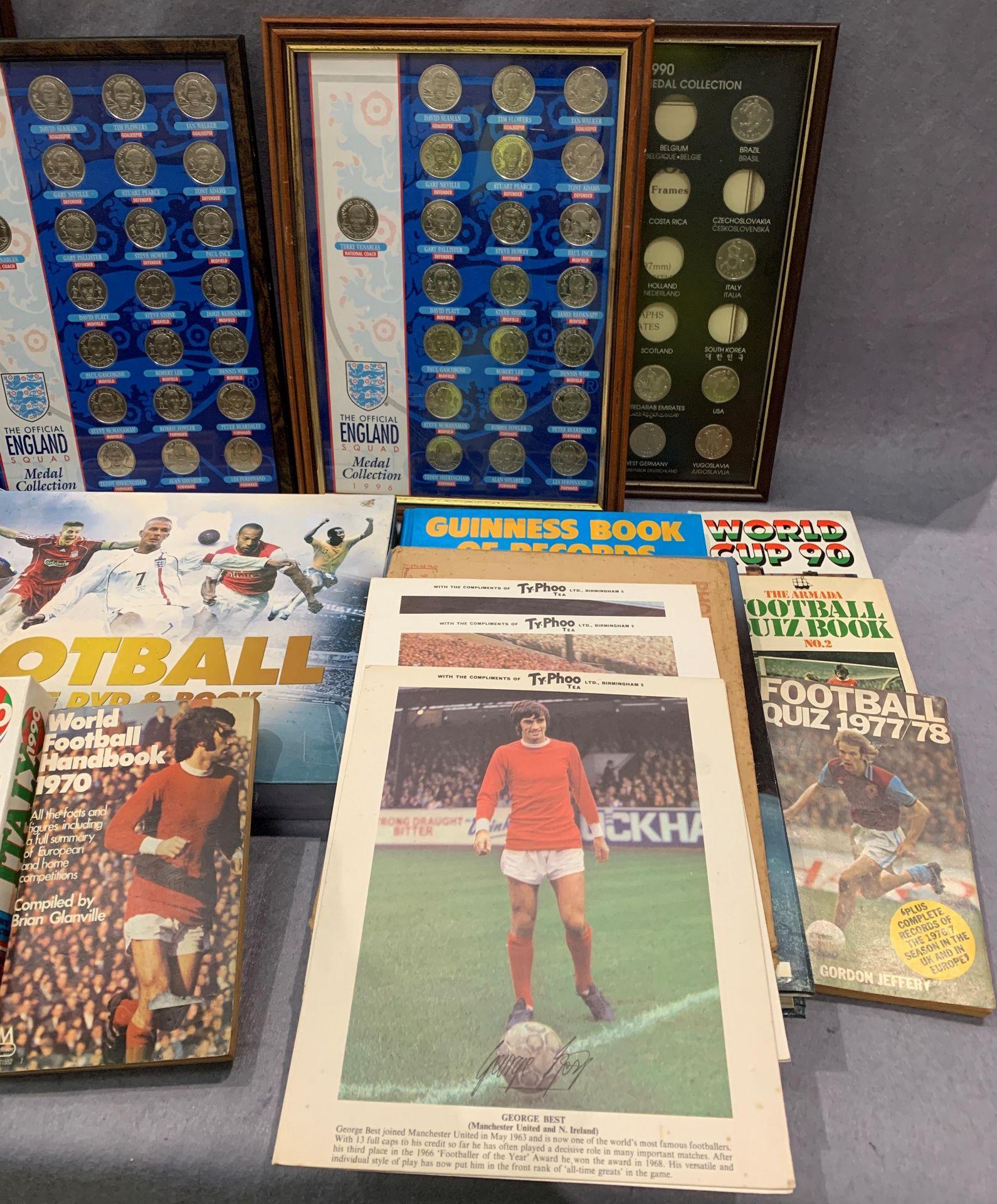 Contents to box - assorted football memorabilia including two England 1996 framed squad medal - Image 3 of 4
