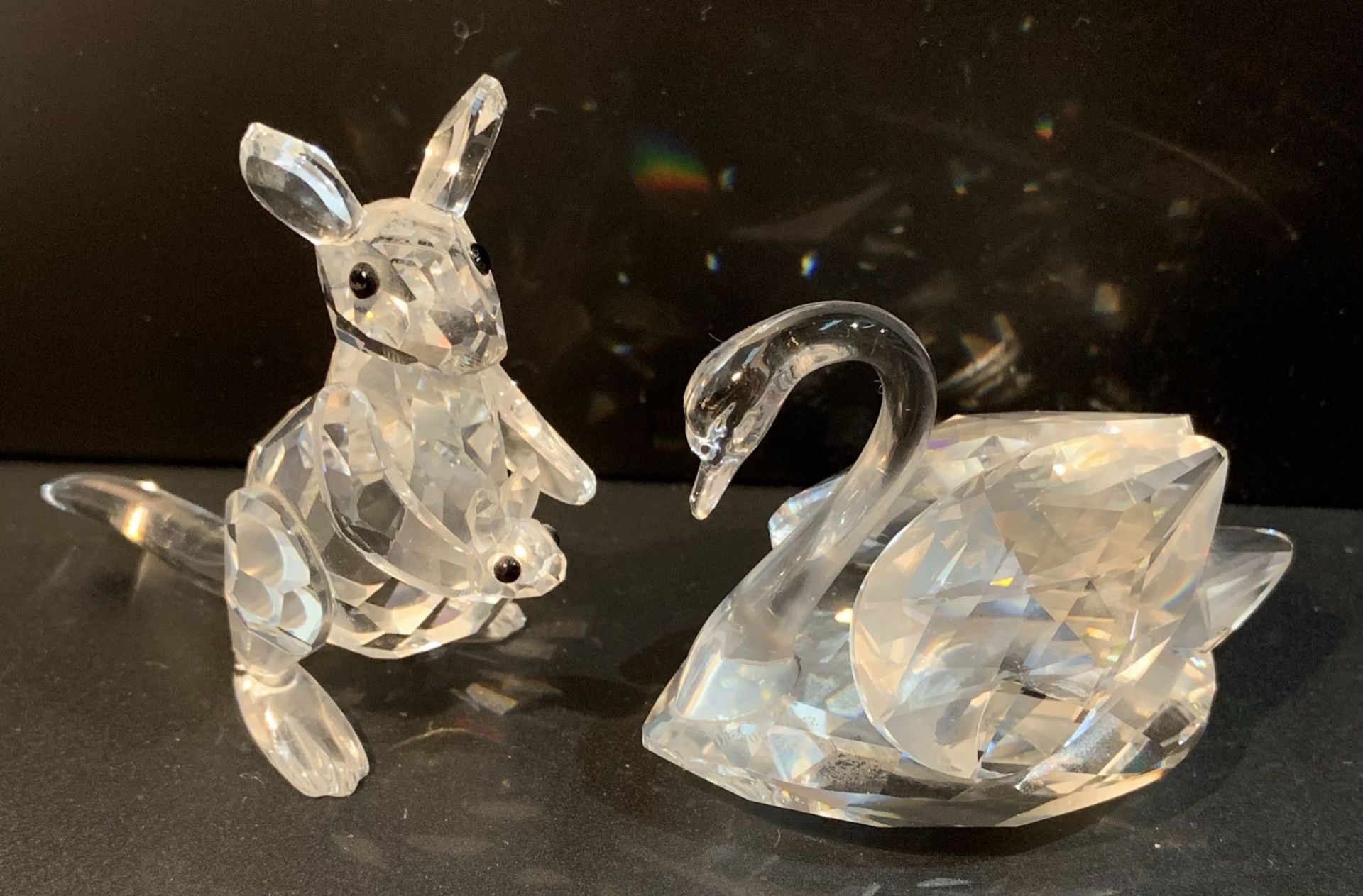 Two Swarovski silver crystal animals - swan, with certificate and kangaroo,