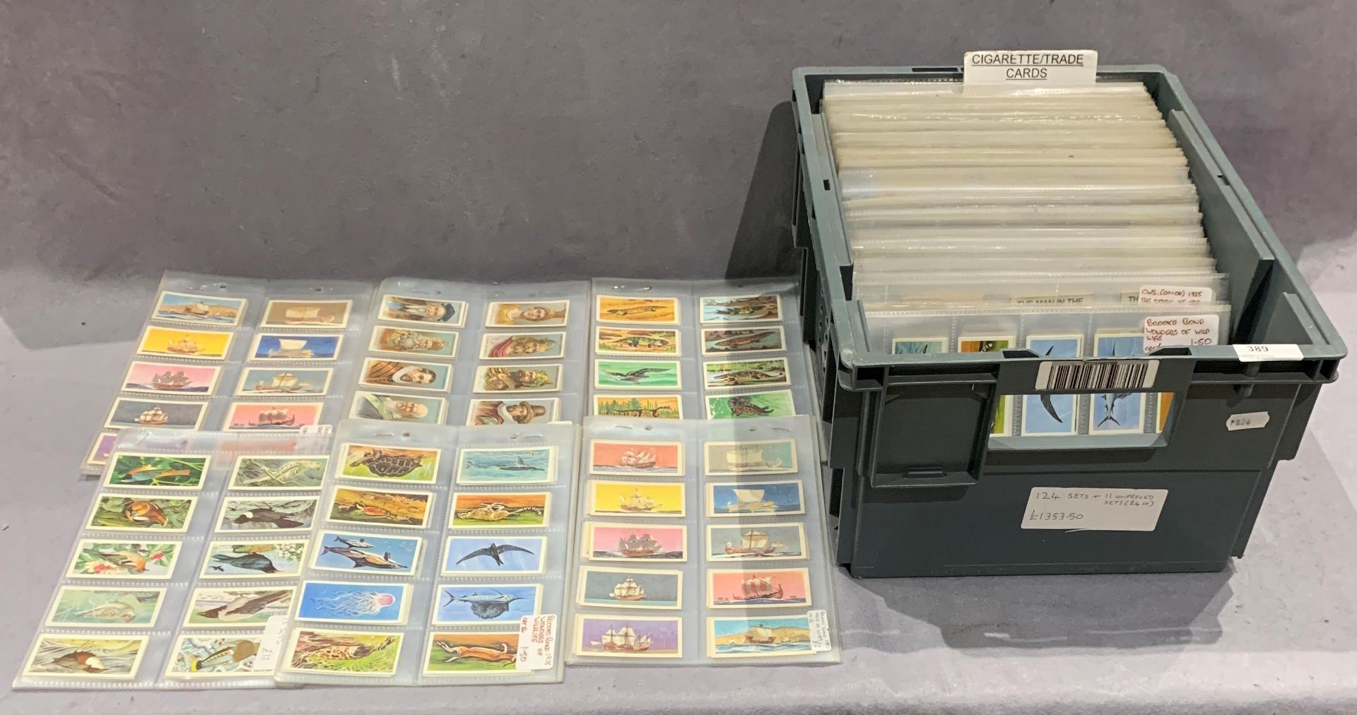 Contents to grey plastic box - a large quantity of cigarette and trade cards in plastic sheets