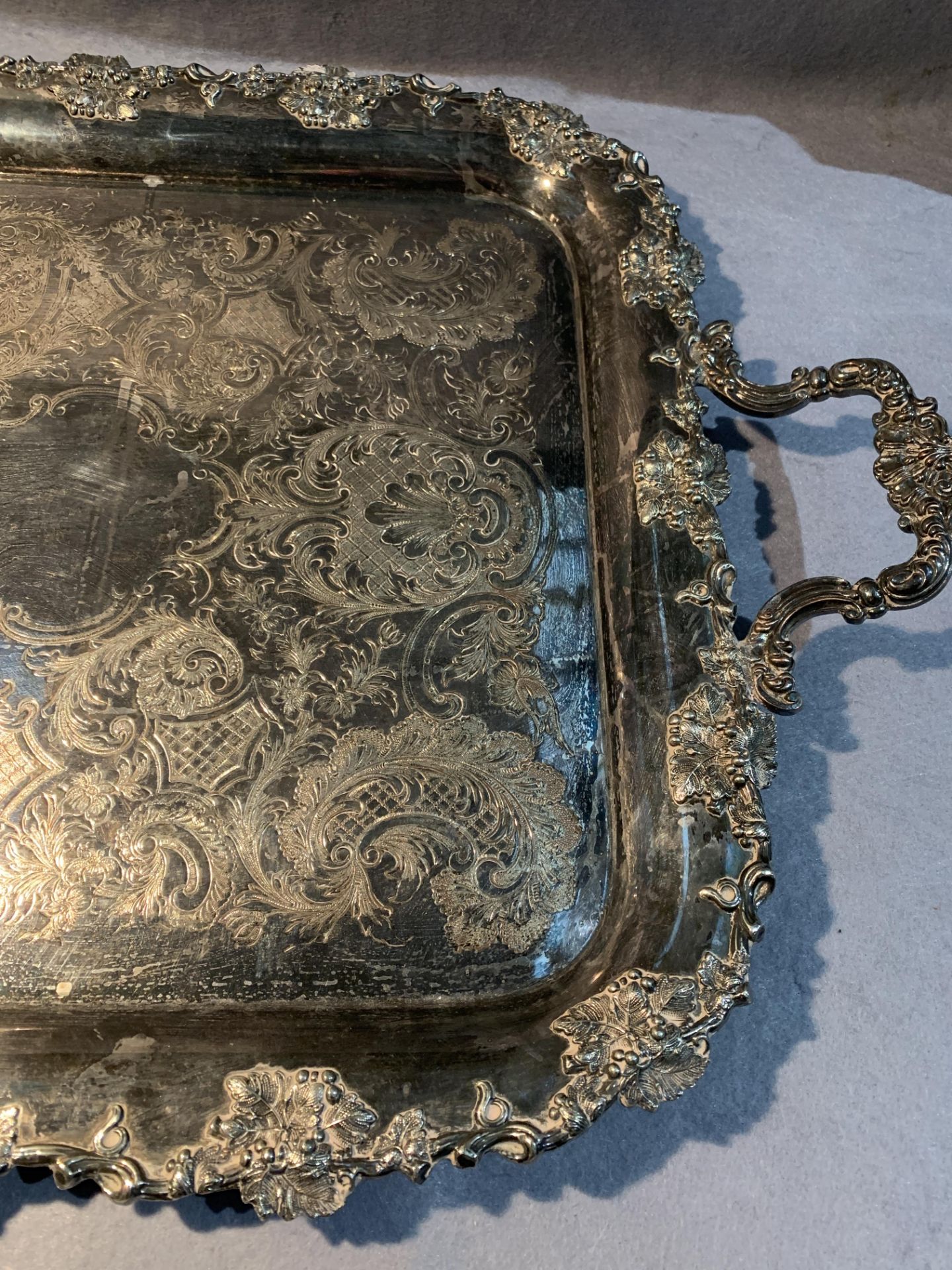 An engraved and decorated two handled silver plated tray, - Image 3 of 4