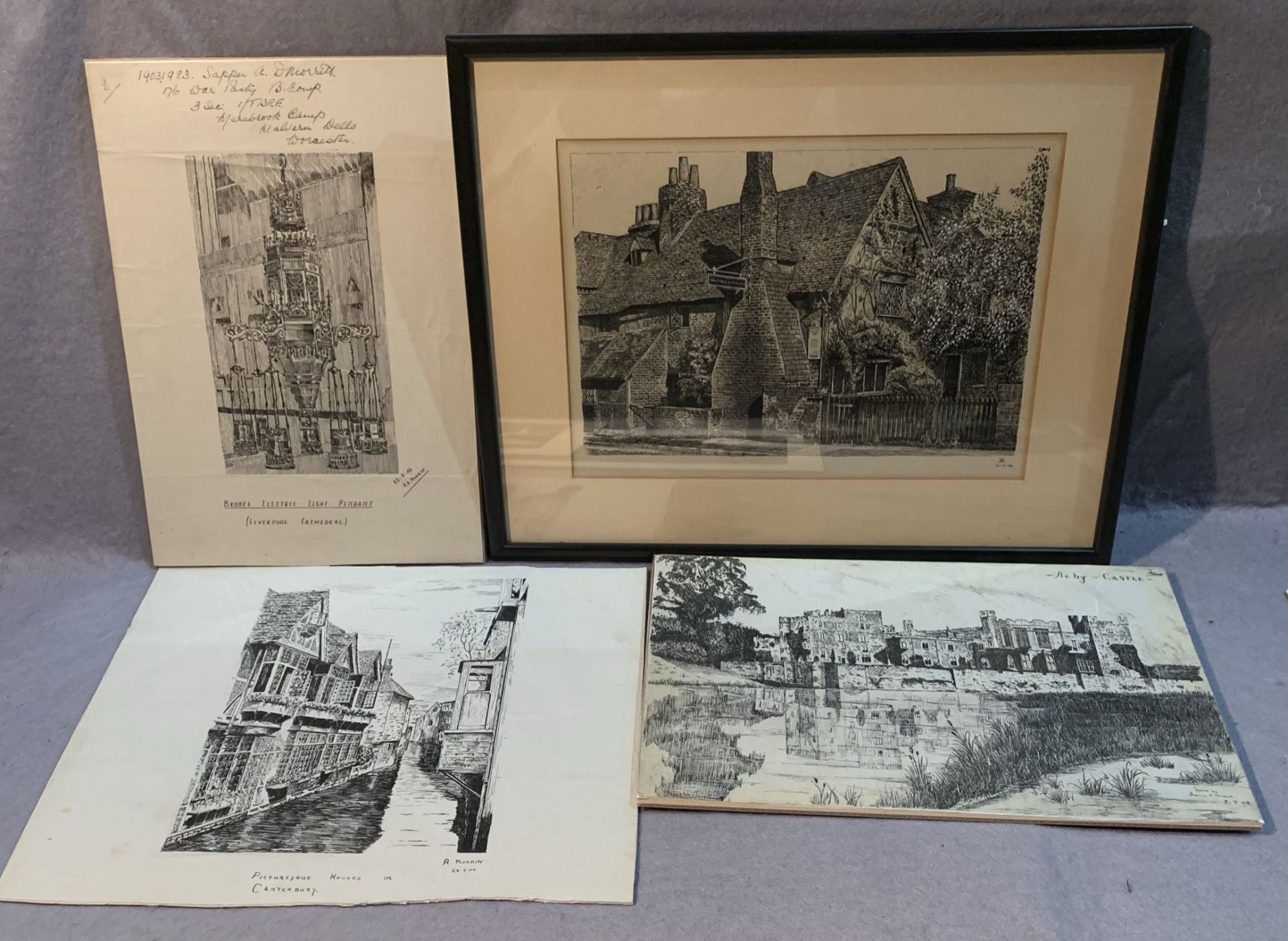 Arnold David Morritt, four pen and ink sketches to include Raby castle 1944, - Image 3 of 5