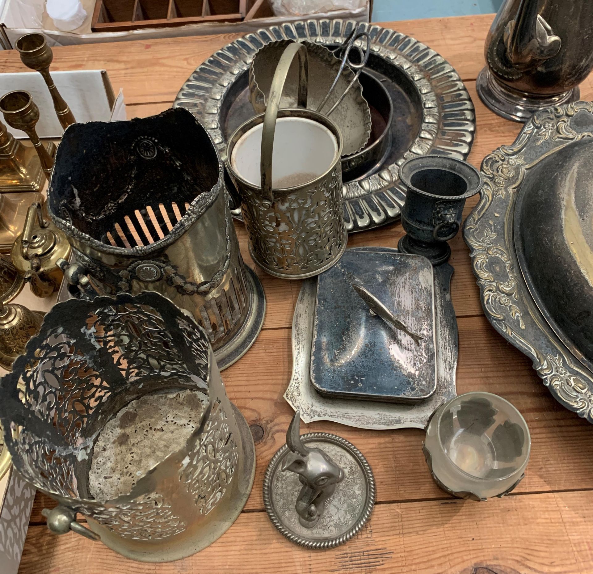 Contents to table top - a large quantity of plated and brassware - two coal buckets, trays, - Image 4 of 6