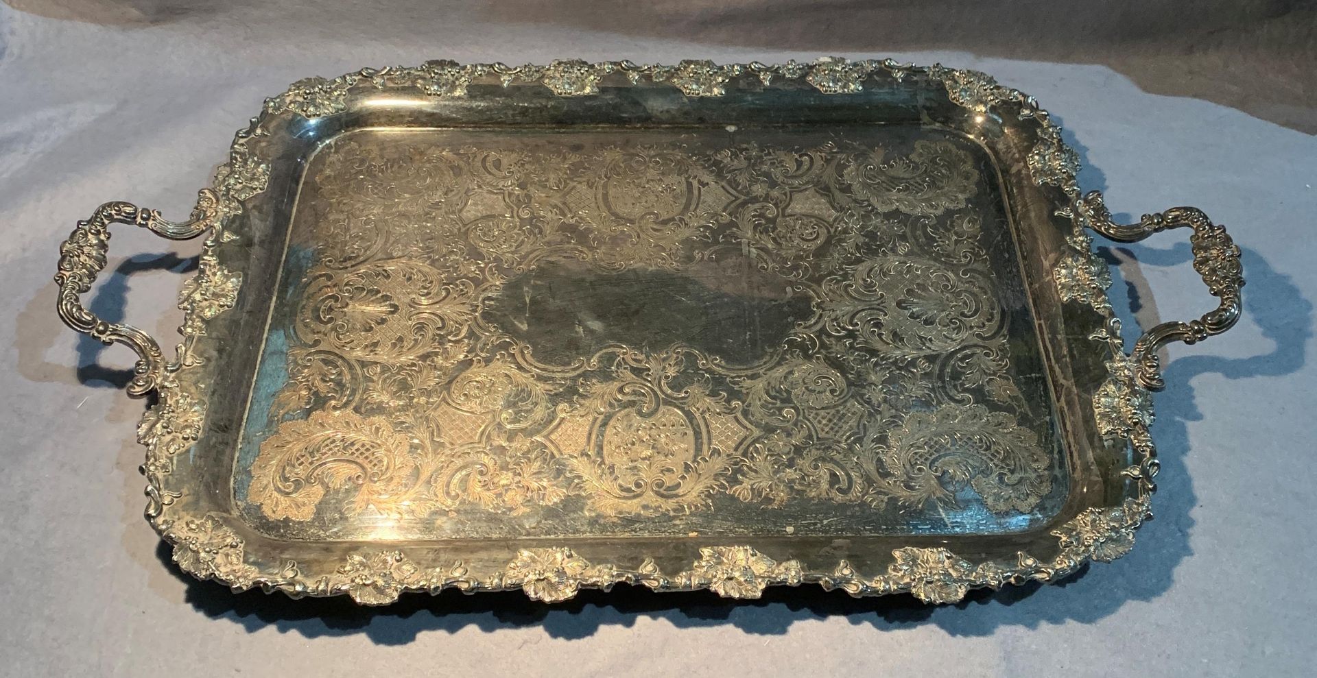 An engraved and decorated two handled silver plated tray, - Image 2 of 4