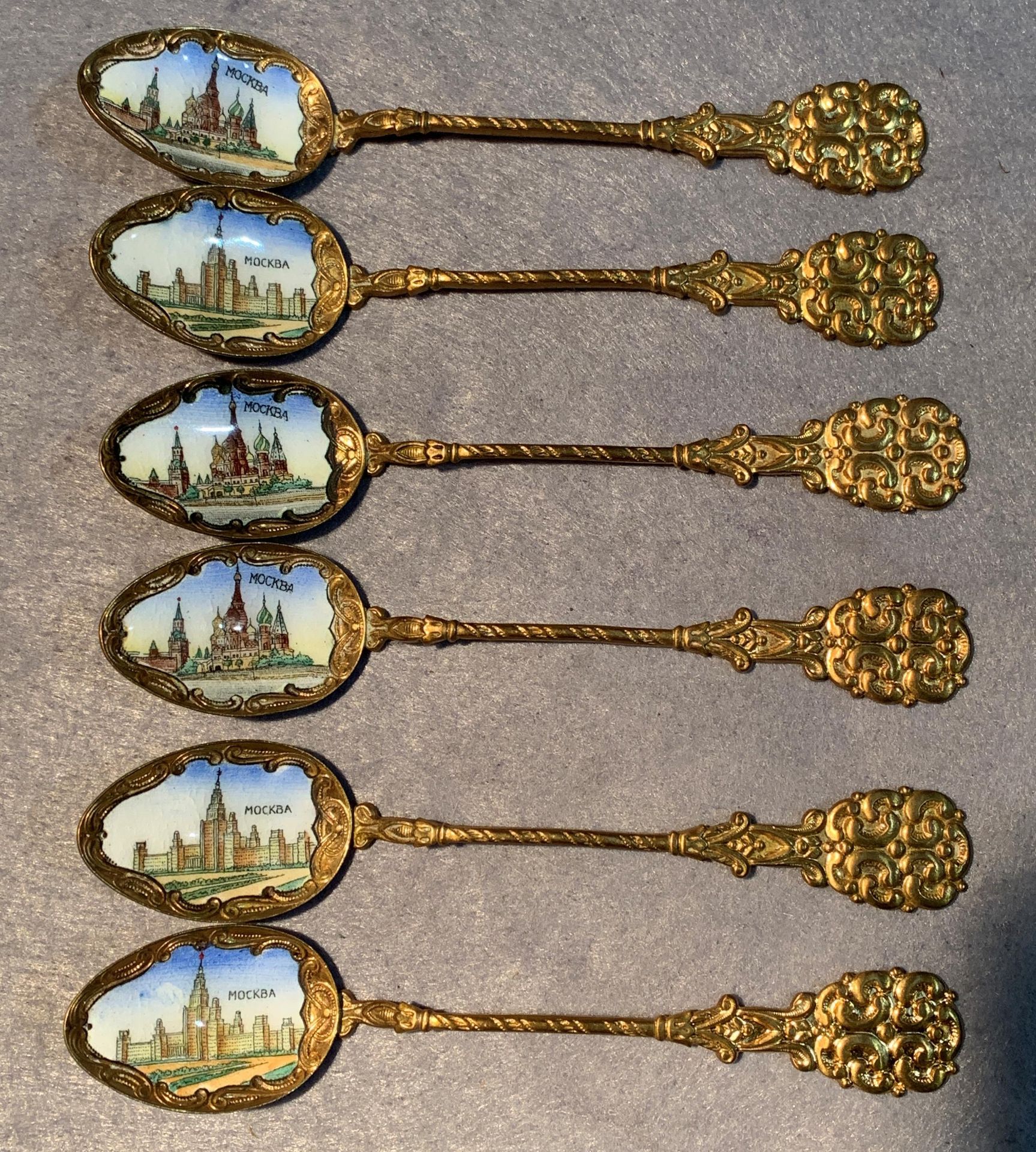 Six gilt and enamel engraved Russian spoons - Image 2 of 2