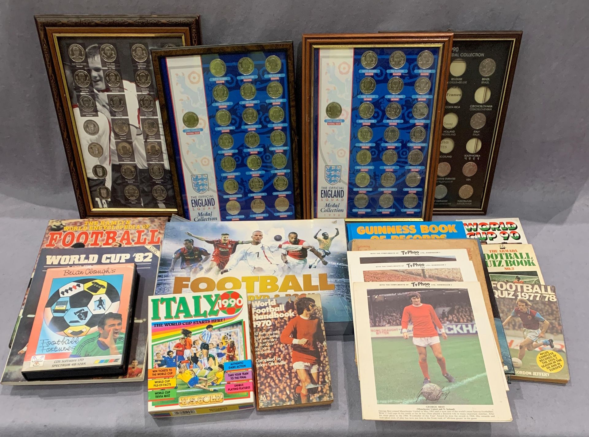 Contents to box - assorted football memorabilia including two England 1996 framed squad medal