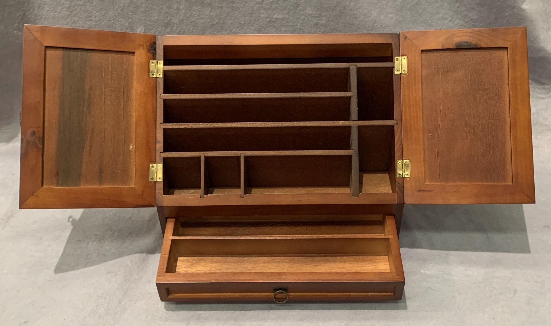 A small portable wooden writing storage box, 34cm x 20cm x 26.