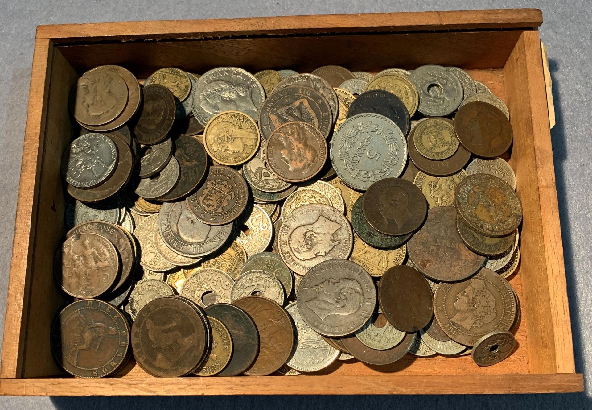 Contents to cigar box - French franc and centime coins,