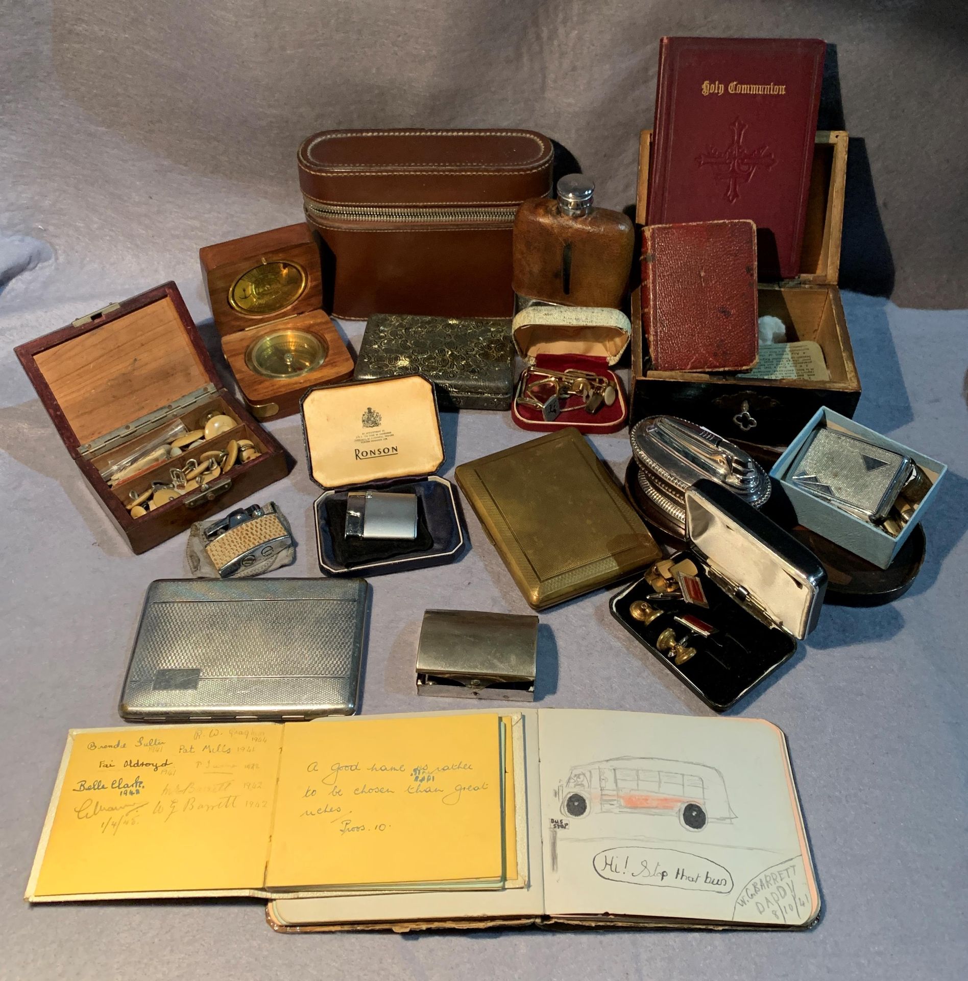 Contents to tray - three Ronson cigarette lighters, cigarette cases, hip flask,