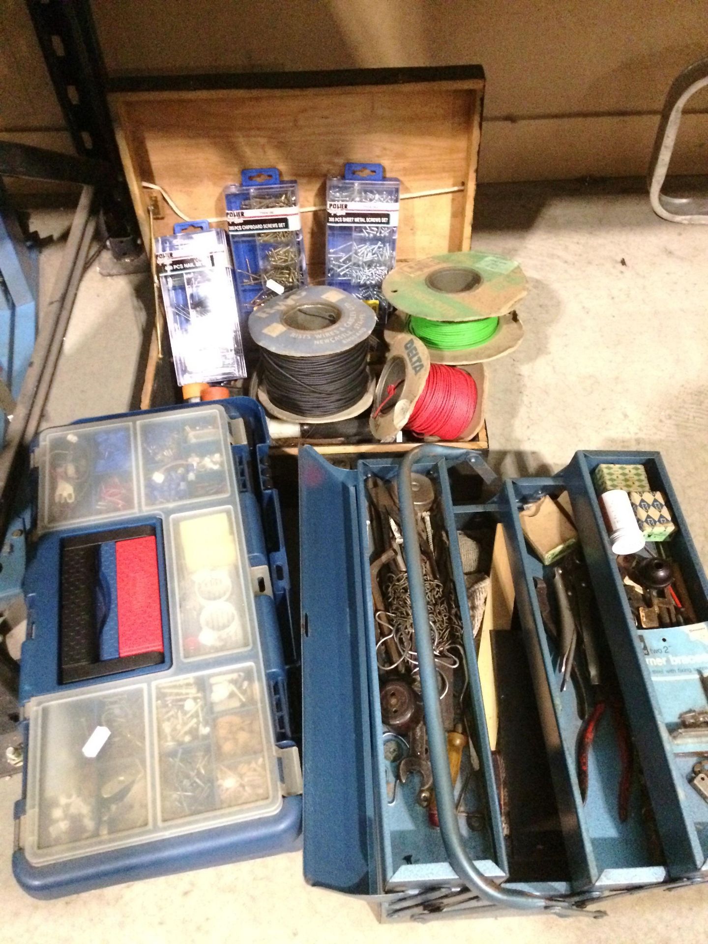 3 x tool boxes and contents - part rolls wire, screws, nails, tools, including hammers,