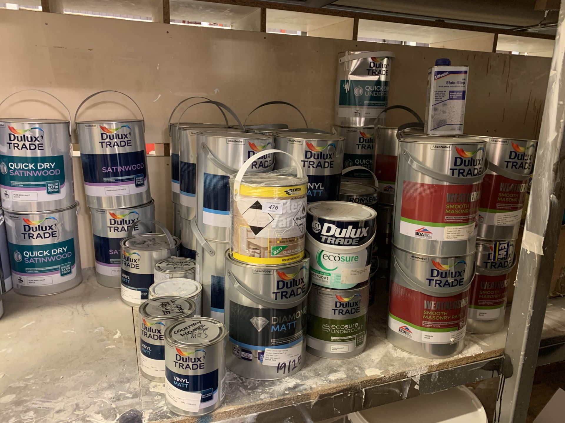 Qty of Paints inc Dulux Trade white, eggshell, sea blue,