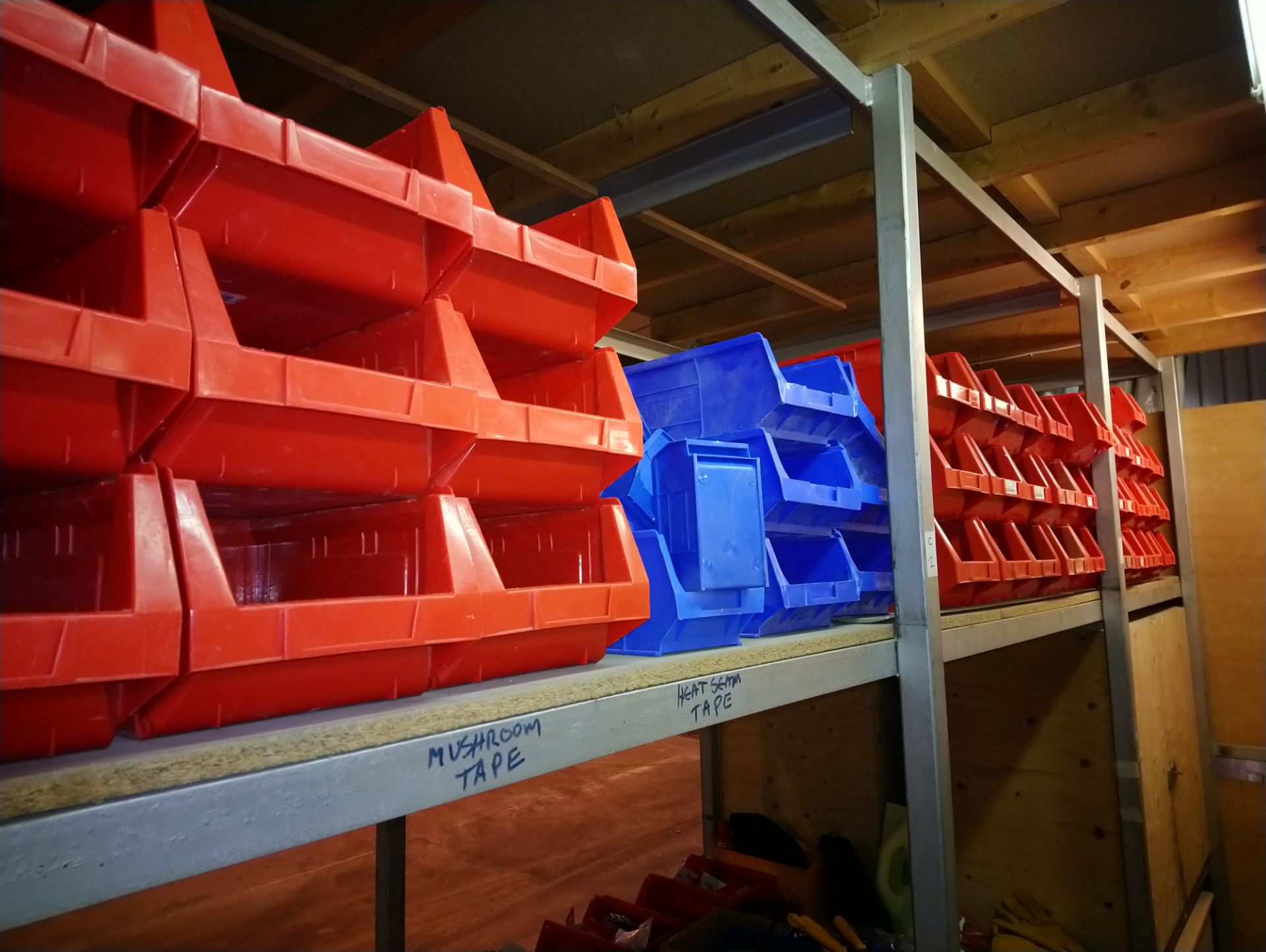 Approx 57 x Red Lin Bins - and 6 x Blue Lin Bins and 10 x small Blue Lin Bins