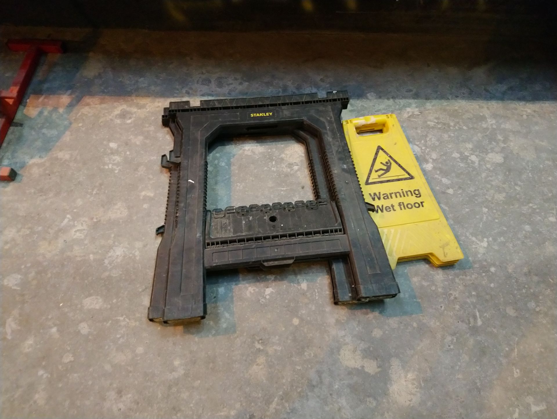 2 x Stanley plastic trestles and warning wet floor signs