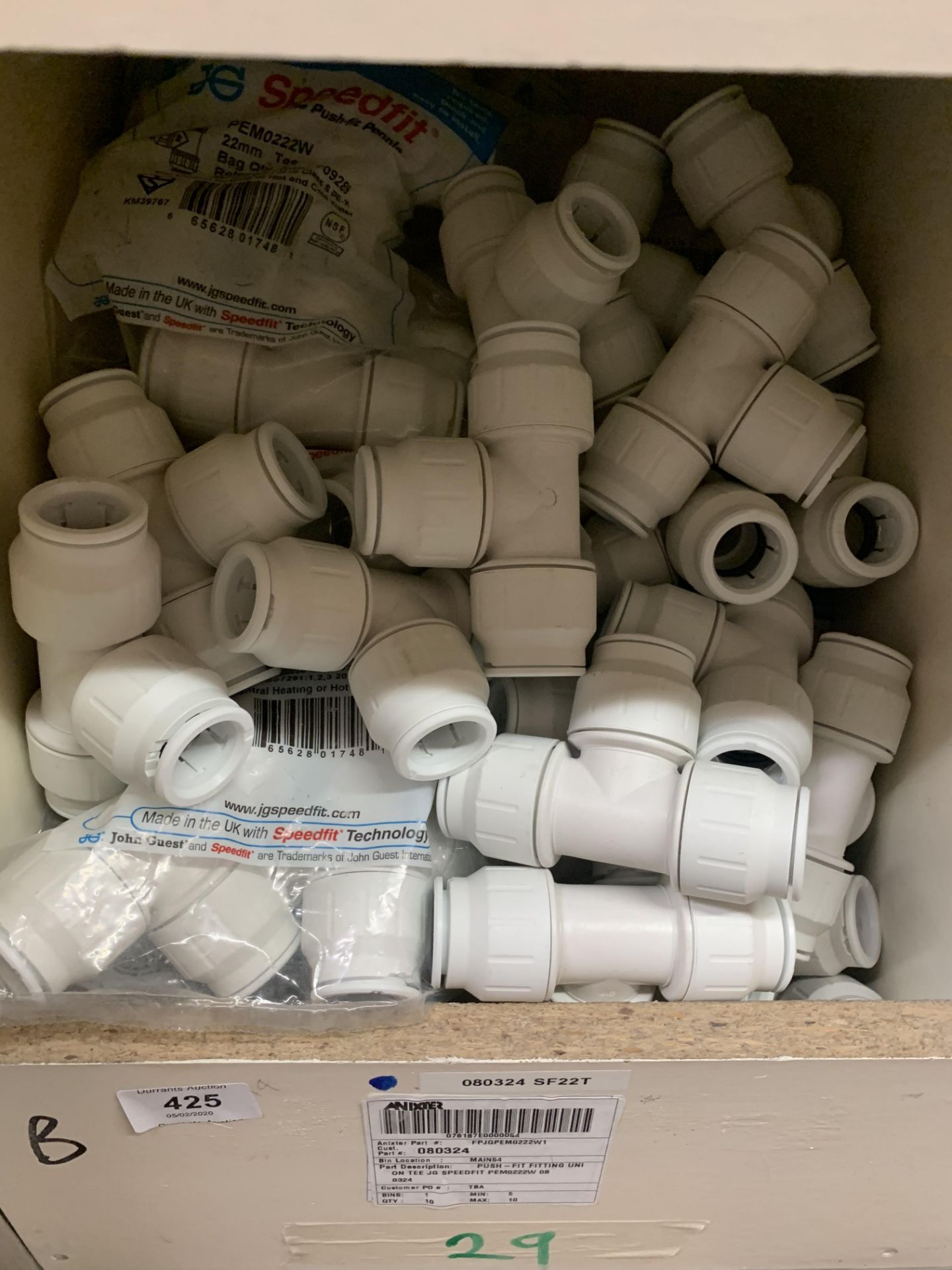 18 boxes of Plastic plumbing accessories inc service valves, tees, collet covers, 90 deg flex pan, - Image 14 of 17