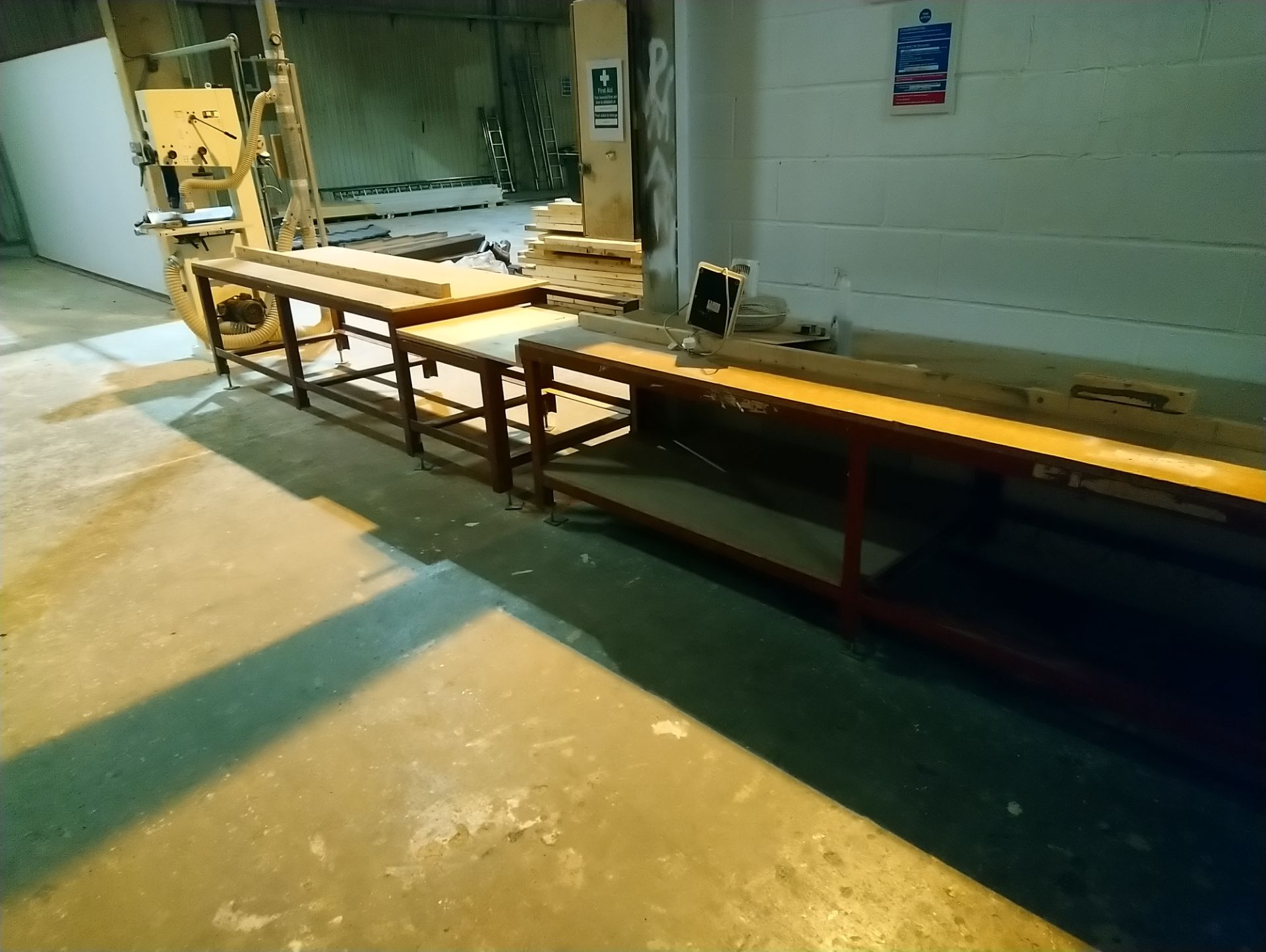 Metal framed work bench with wooden top (0.92m x 6.