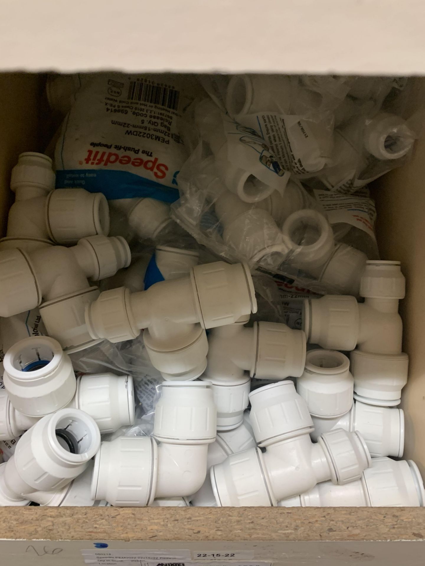 18 boxes of Plastic plumbing accessories inc service valves, tees, collet covers, 90 deg flex pan,