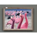 Joe Blossom oil painting of Andean Flamingos head flagging,