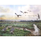 Carl Donner (1957-) watercolour of a flock of migratory geese on the North Norfolk Coast,