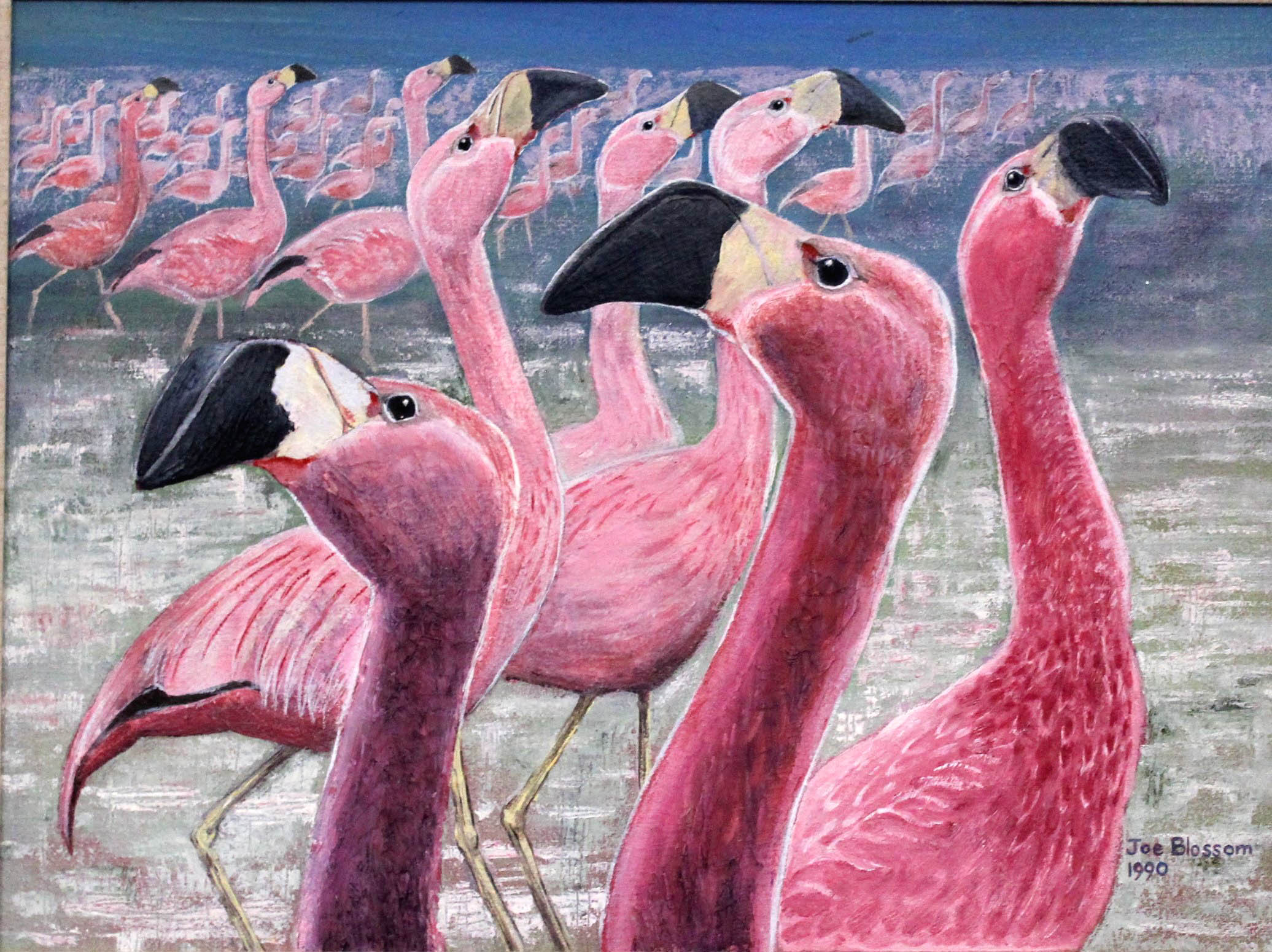 Joe Blossom oil painting of Andean Flamingos head flagging, - Image 2 of 3