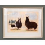 A pastel of Llamas signed Carolyn Alexander 1975,