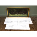 A large photograph of a group of Bison 30cm x 81cm plus four pencil sketches of Bison by Chris