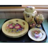 Aynsley fruit decorated biscuit barrel, two vases, four large and two side plates,