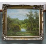 C Inness oil on canvas of a river and woodland scene,
