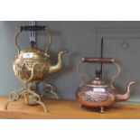 Arts and Crafts embossed brass spirit kettle with stand and burner plus an Arts and Crafts embossed