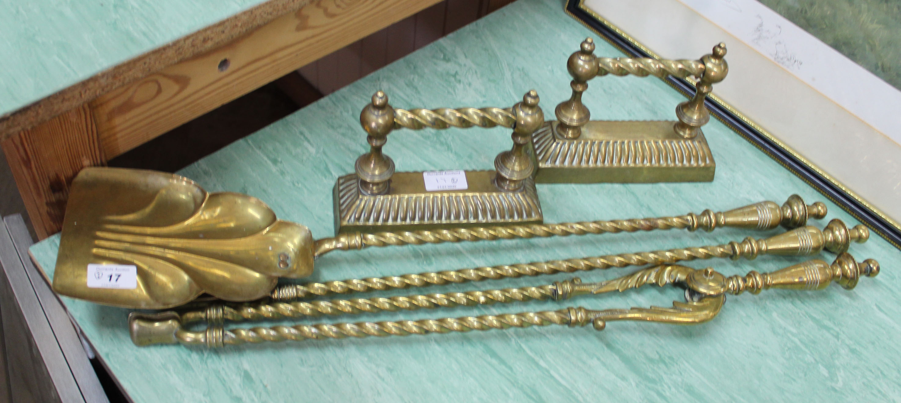 A good set of three Victorian barley twist brass fire irons with Reg No.