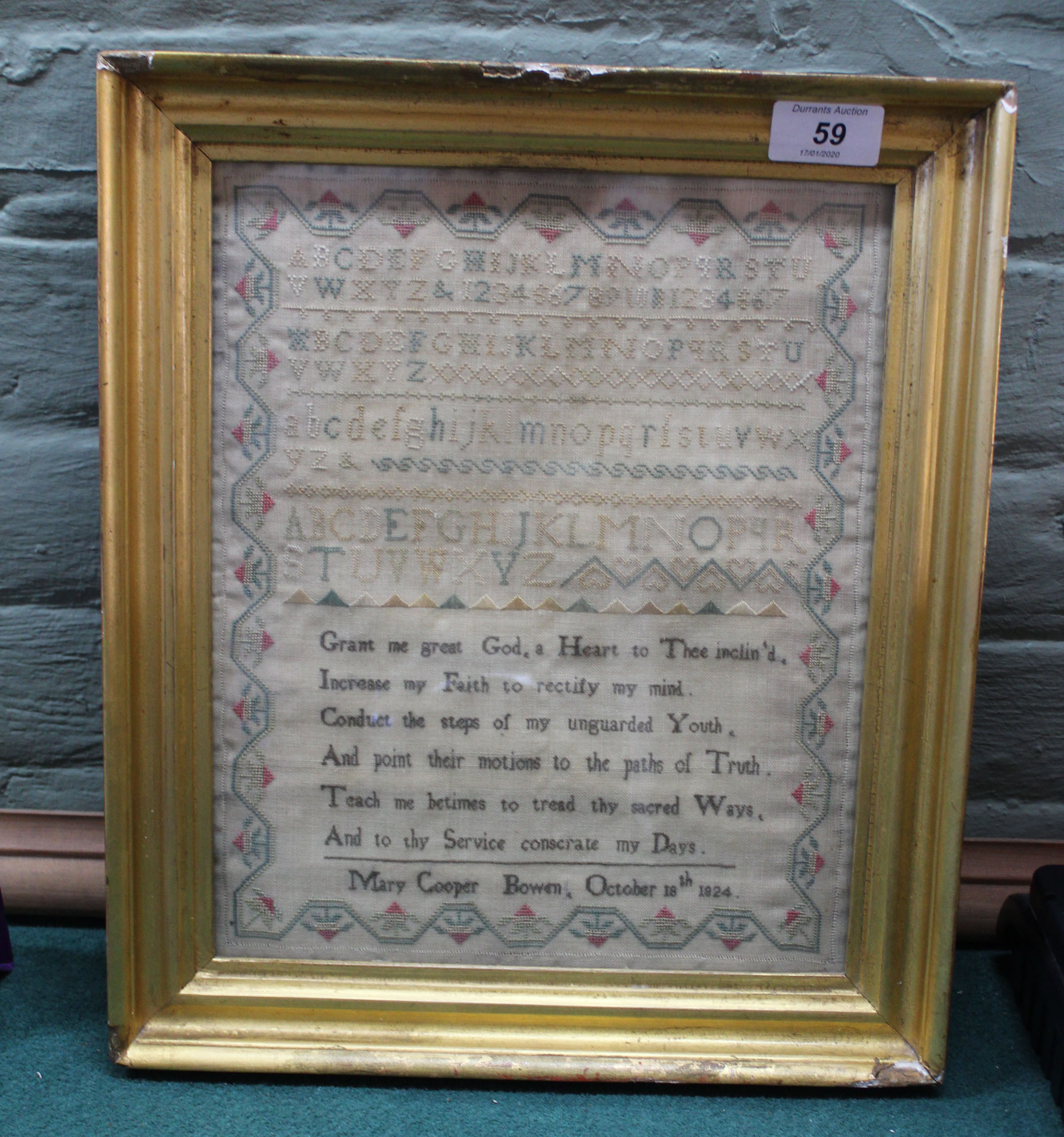 19th Century alphabet and prayer sampler by Mary Cooper Bowen 1824,