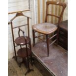 A 1950's valet stand and Victorian rattan chair and mahogany cake stand