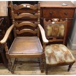 A 1920's oak ladder back armchair and an Edwardian mahogany nursing chair