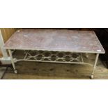 A marble topped metal framed coffee table