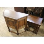 A nest of three oak table and Old Charm single door cupboard