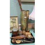 A quantity of assorted treen and metalware including a brass stick stand,