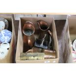 Three copper harvest jugs, a copper kettle,
