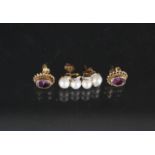 A pair of 9ct gold amethyst set earrings plus a pair of 9ct gold pearl set earrings