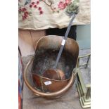 A copper coal scuttle plus a copper chestnut roaster (as found)