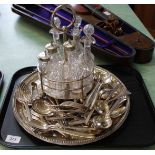 A silver plated tray with ribbed edge, engraved decoration, silver plated condiment stand,